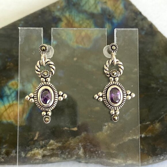 Sterling Silver 925 Oval Purple CZ & Marcasite Rope Accent Dangle Drop Earrings - Picture 7 of 16